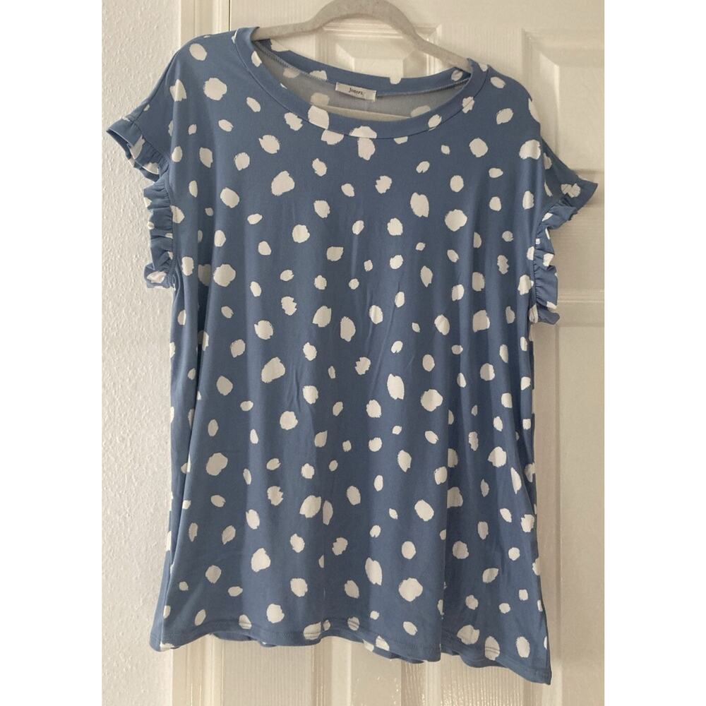 Jodifl So Good For Me Size Large Blue Spotted Polka Dot Top Ruffle Cap Sleeve